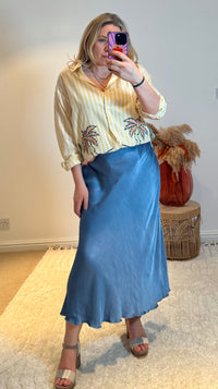 Embroidered Stripe Scalloped Hem Shirt | Yellow