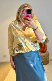 Embroidered Stripe Scalloped Hem Shirt | Yellow