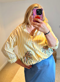 Embroidered Stripe Scalloped Hem Shirt | Yellow