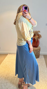 Embroidered Stripe Scalloped Hem Shirt | Yellow