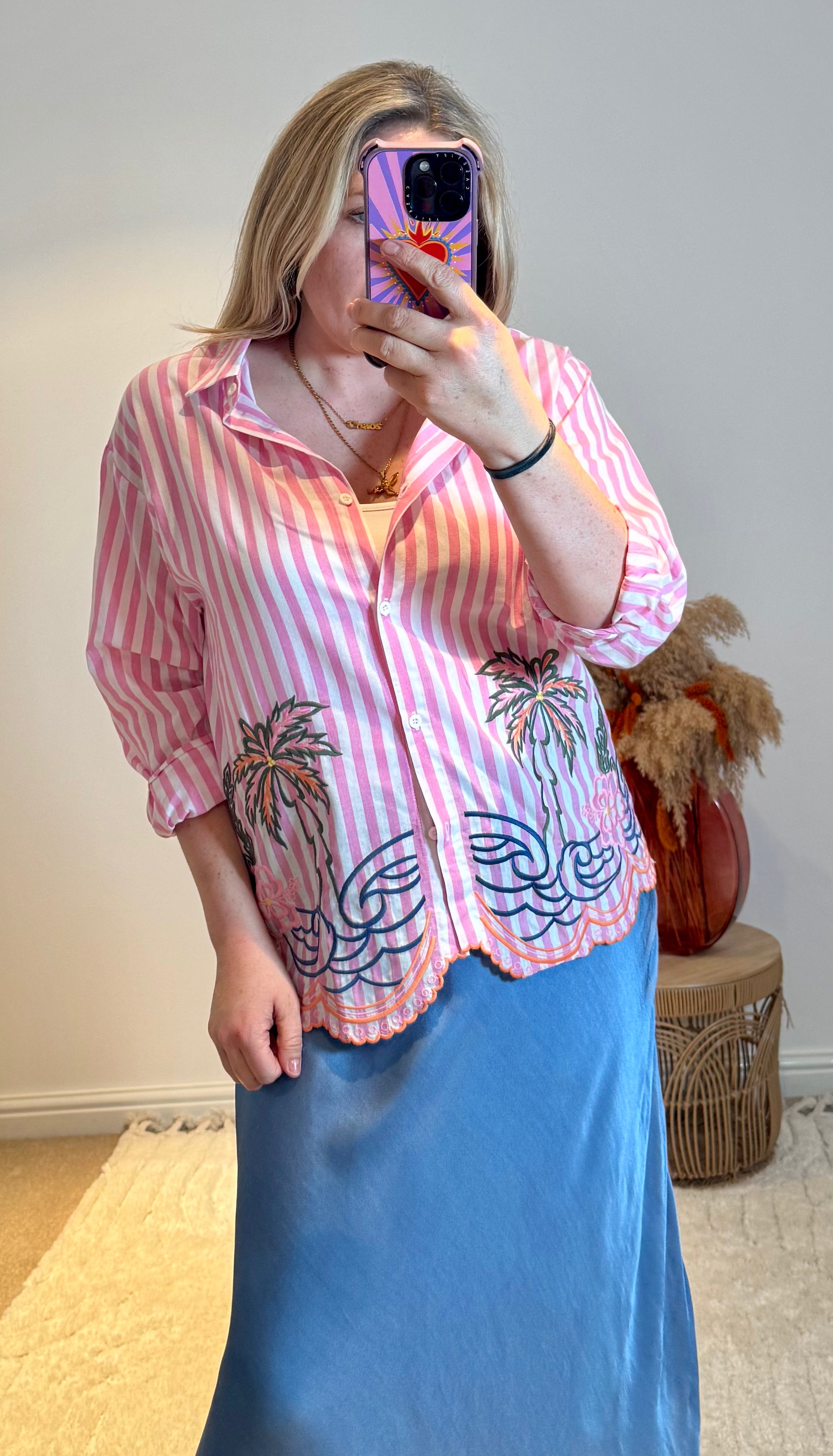 Embroidered Stripe Scalloped Hem Shirt | Pink