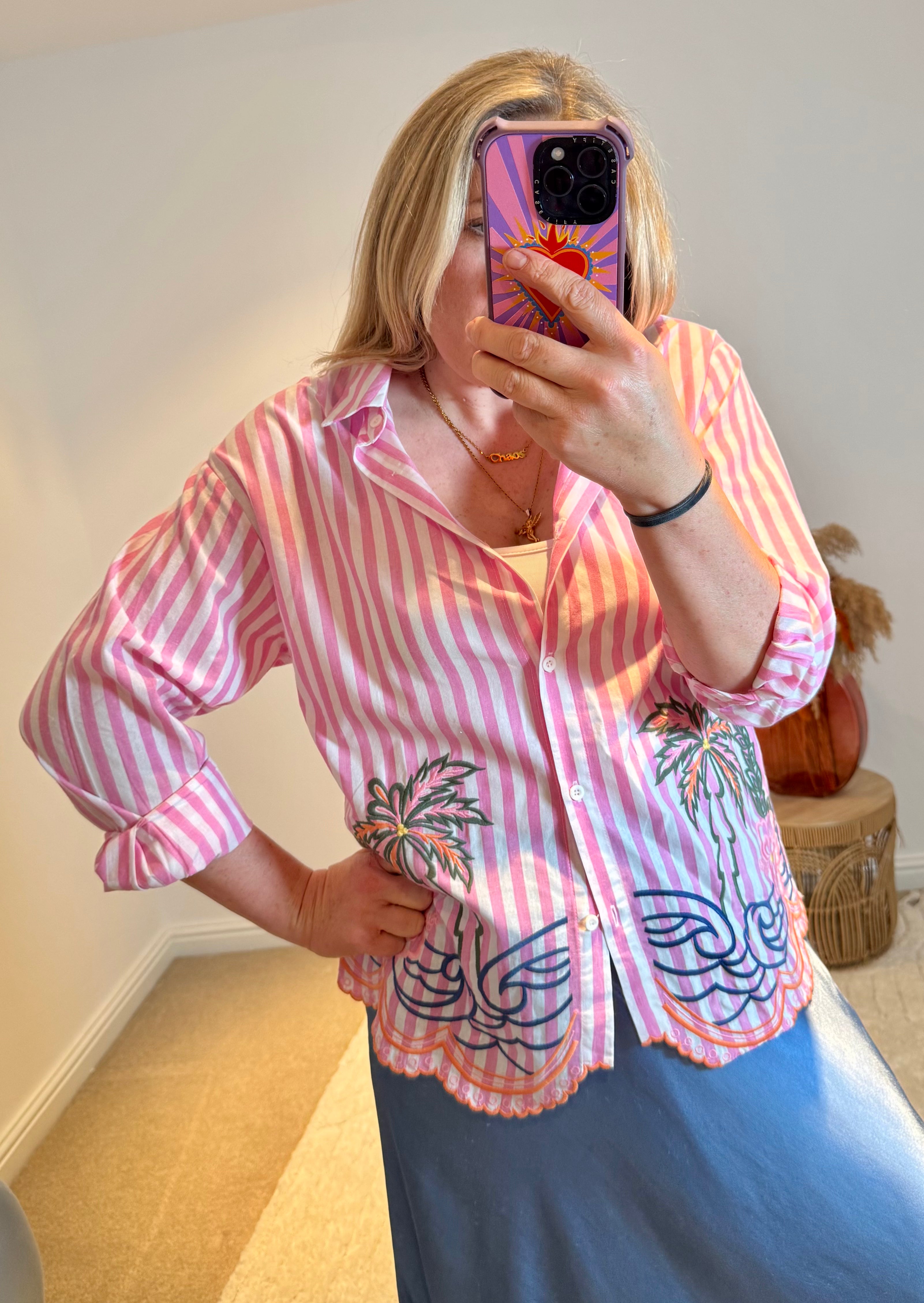 Embroidered Stripe Scalloped Hem Shirt | Pink