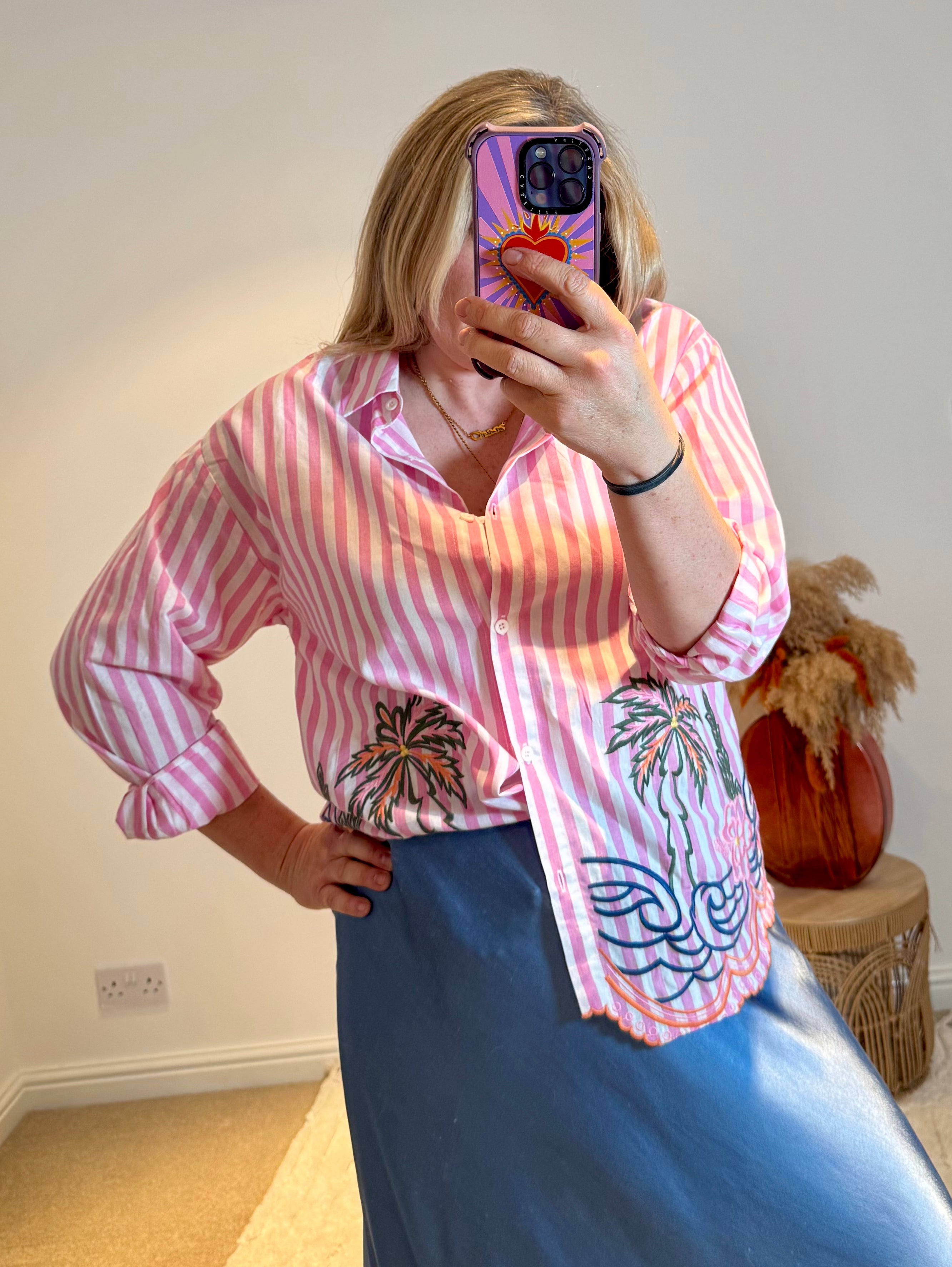 Embroidered Stripe Scalloped Hem Shirt | Pink