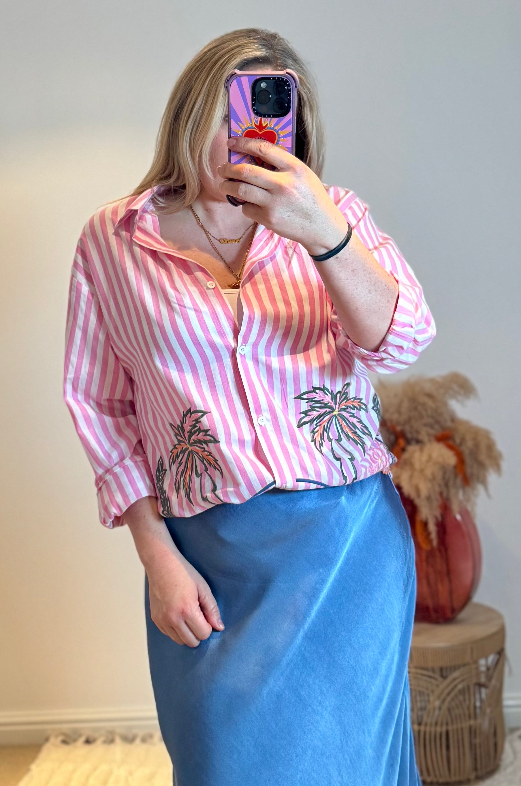 Embroidered Stripe Scalloped Hem Shirt | Pink