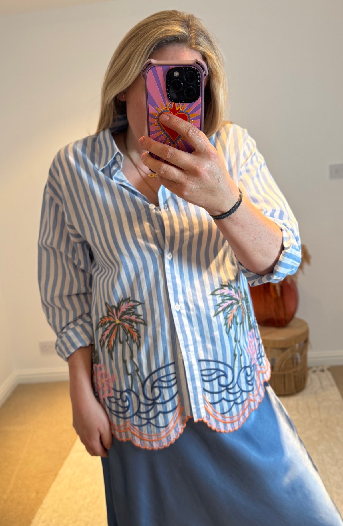 Embroidered Stripe Scalloped Hem Shirt | Blue