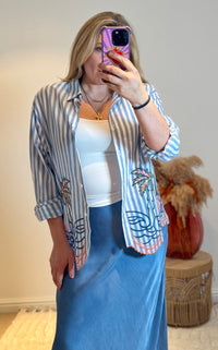 Embroidered Stripe Scalloped Hem Shirt | Blue