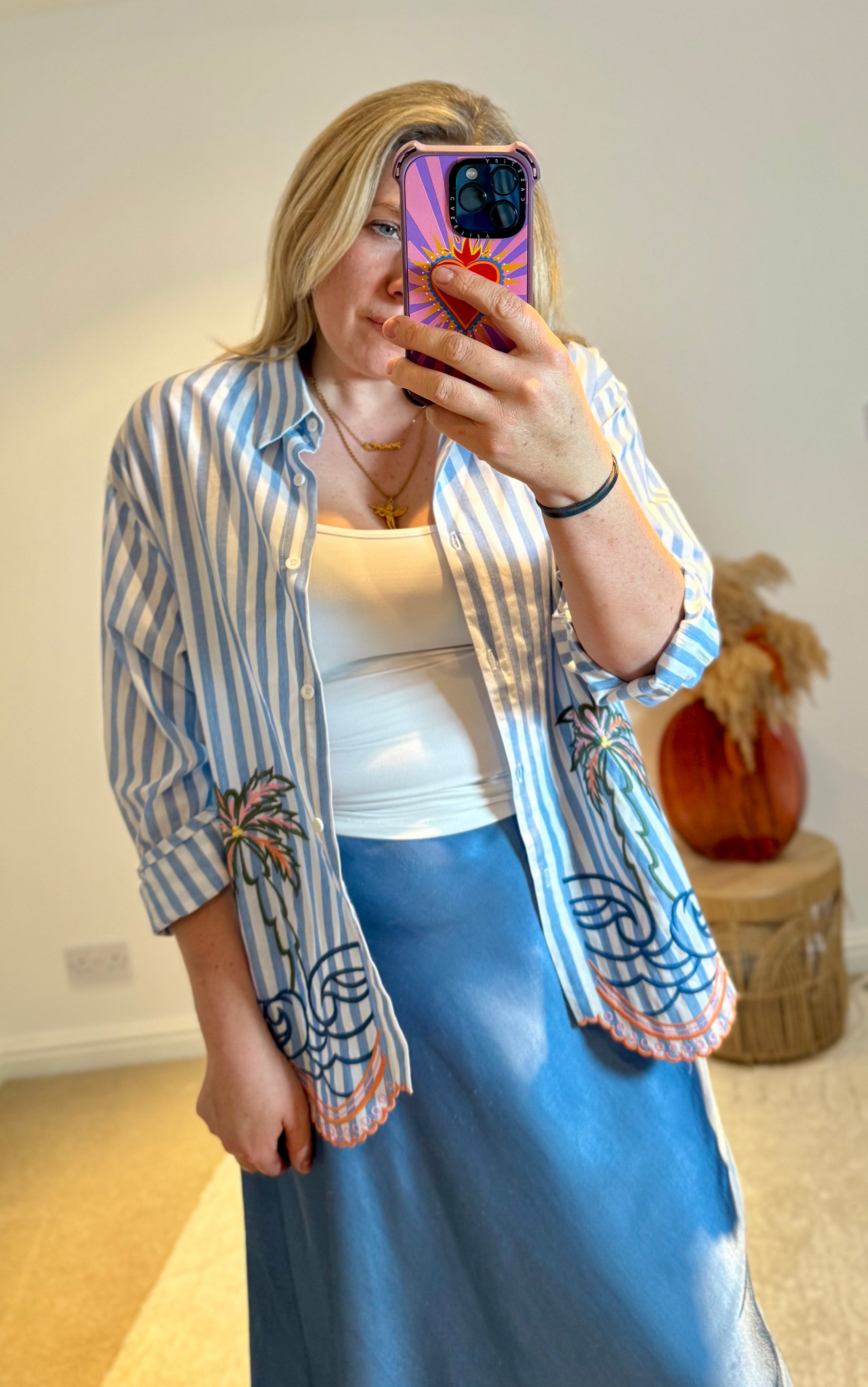 Embroidered Stripe Scalloped Hem Shirt | Blue
