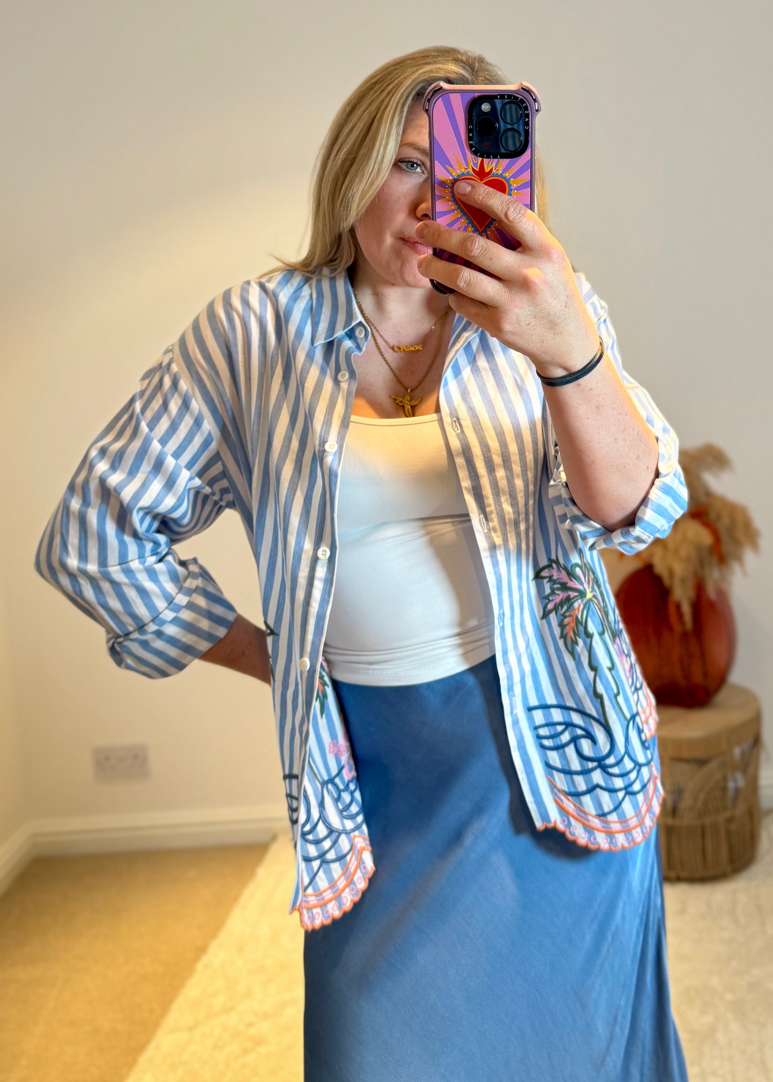 Embroidered Stripe Scalloped Hem Shirt | Blue