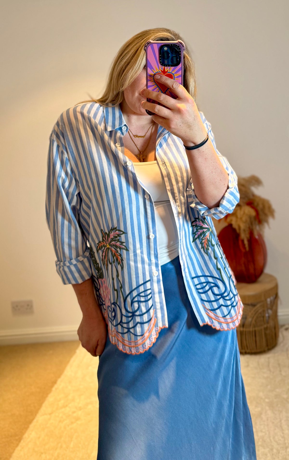 Embroidered Stripe Scalloped Hem Shirt | Blue