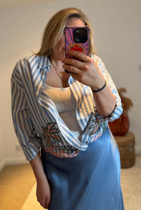 Embroidered Stripe Scalloped Hem Shirt | Blue