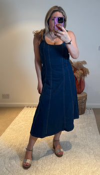 Square Neck Stretch Denim Midi Dress | Dark Wash