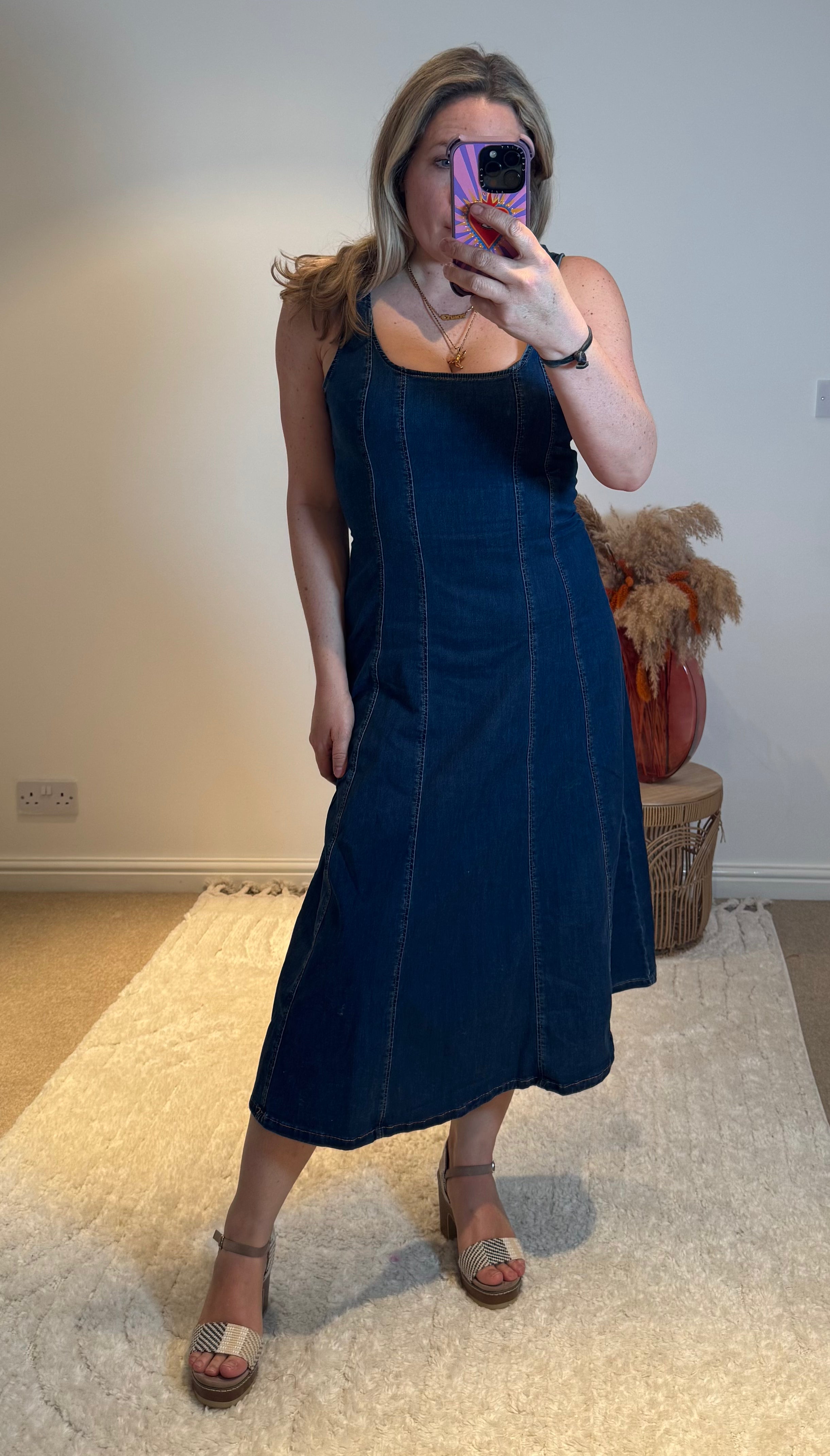 Square Neck Stretch Denim Midi Dress | Dark Wash