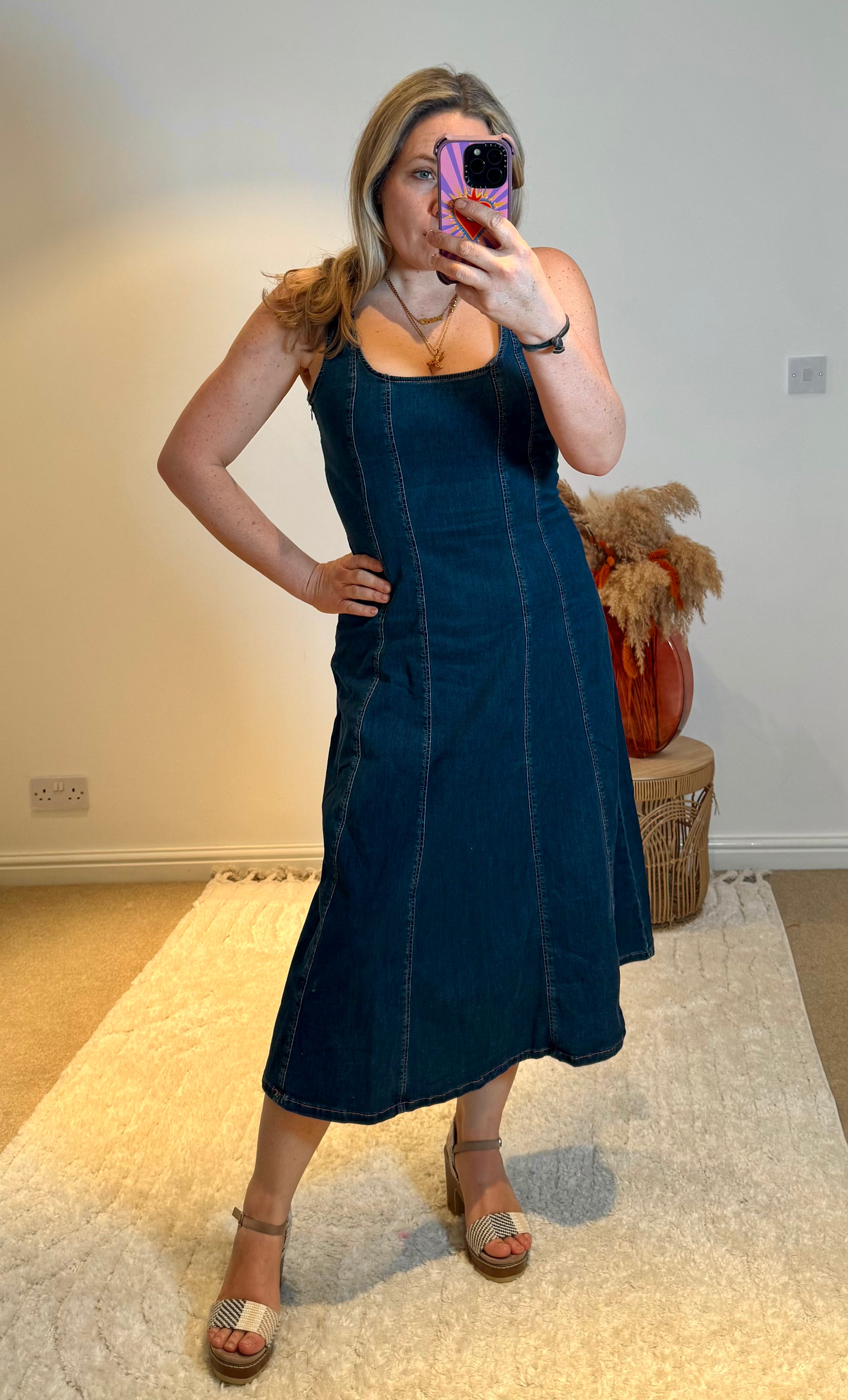 Square Neck Stretch Denim Midi Dress | Dark Wash