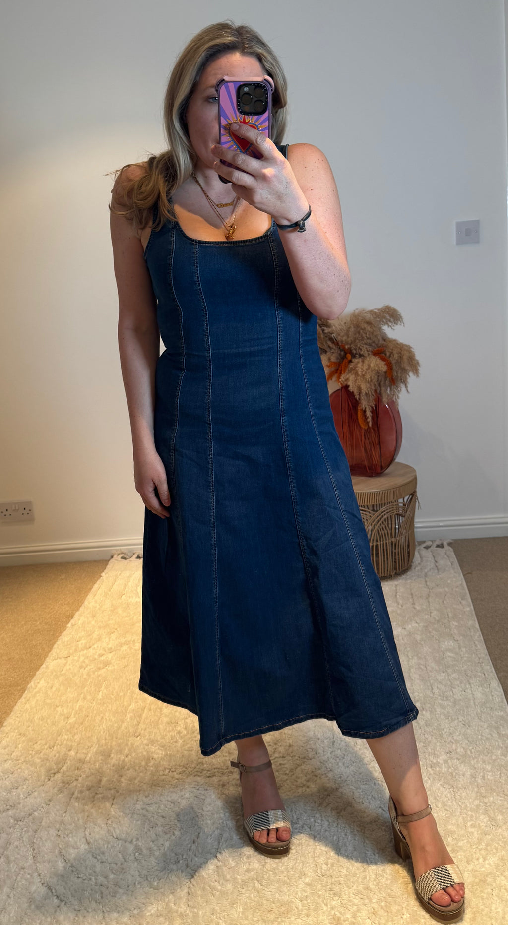 Square Neck Stretch Denim Midi Dress | Dark Wash