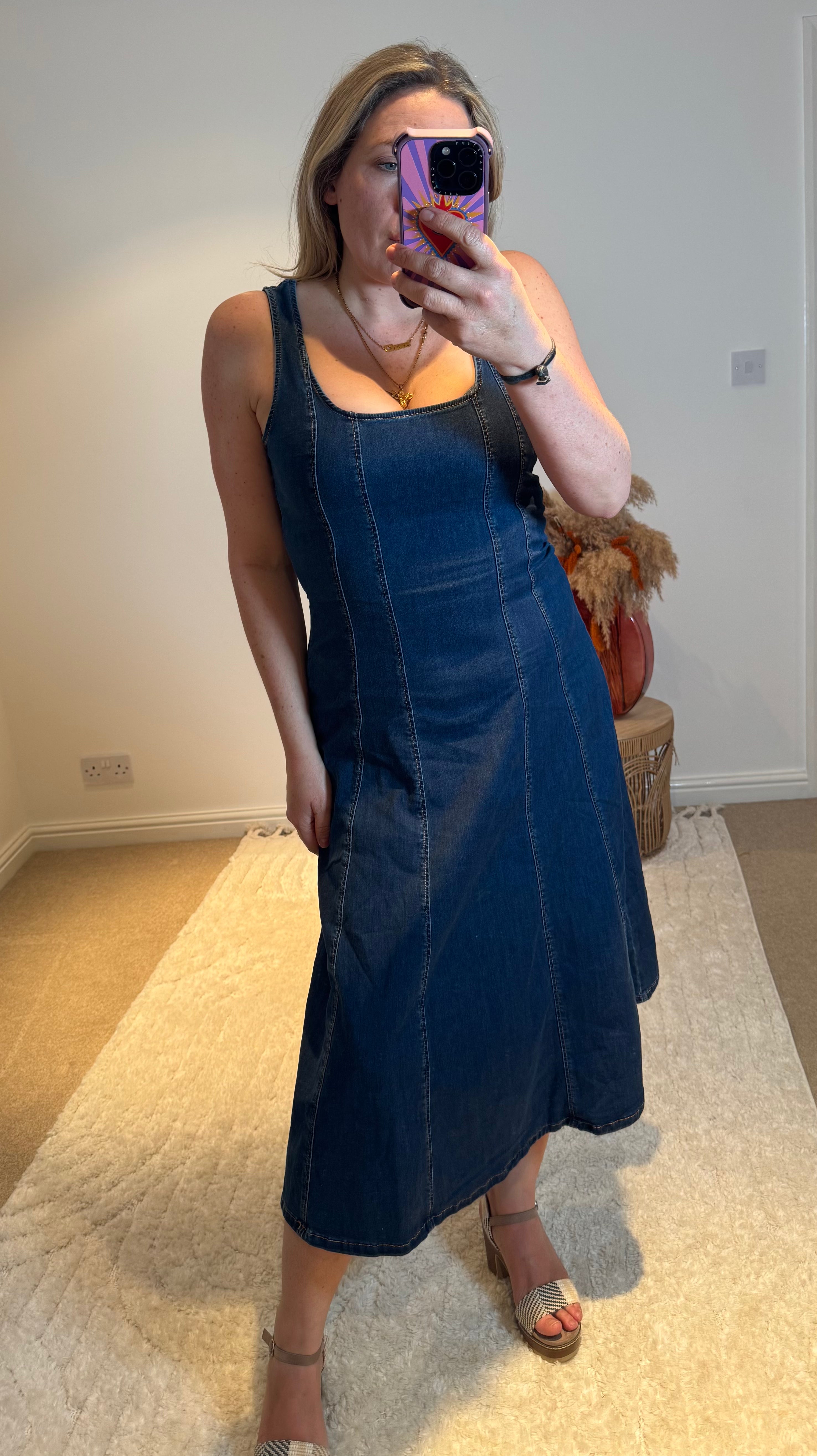 Square Neck Stretch Denim Midi Dress | Dark Wash