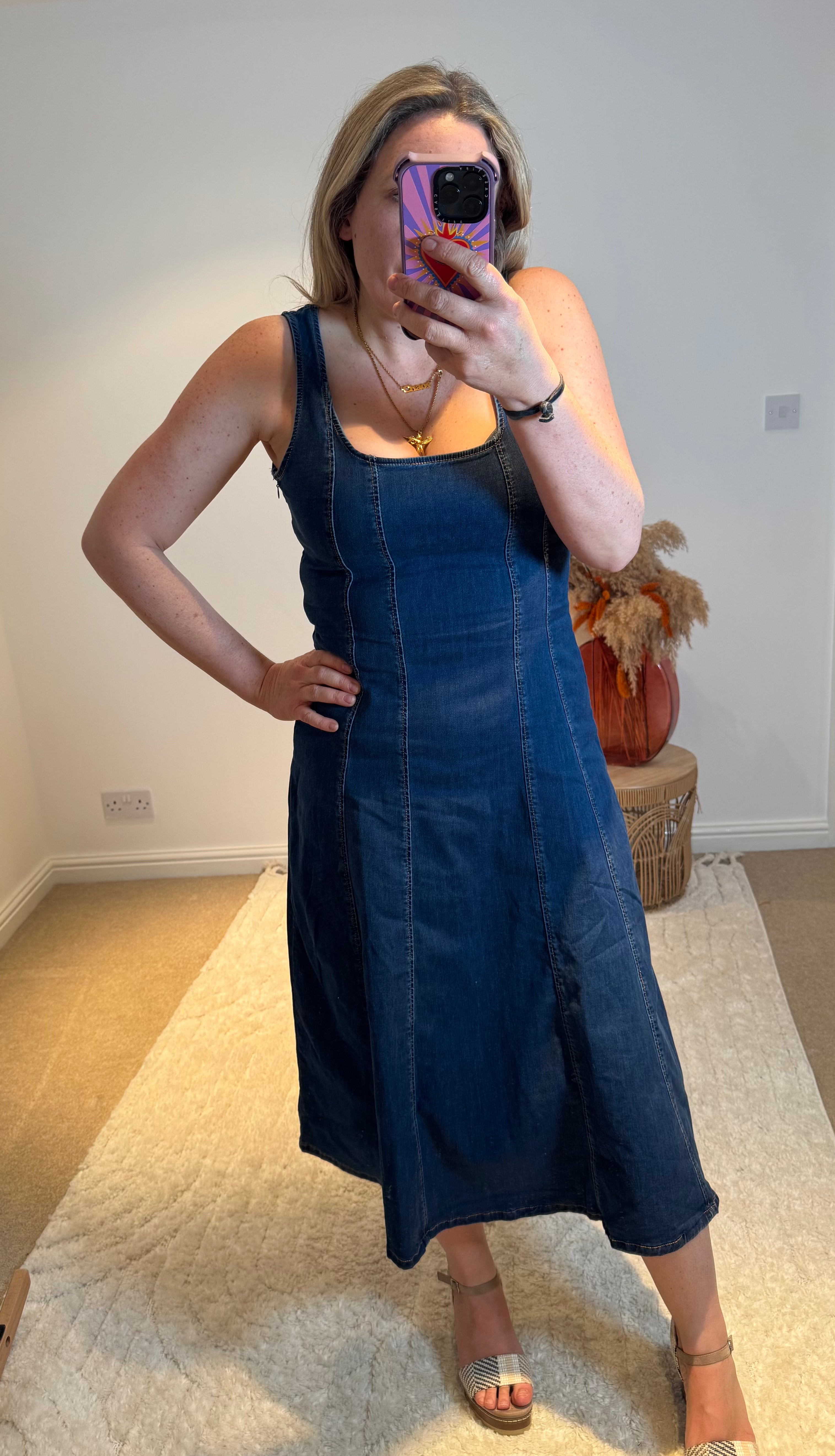 Square Neck Stretch Denim Midi Dress | Dark Wash