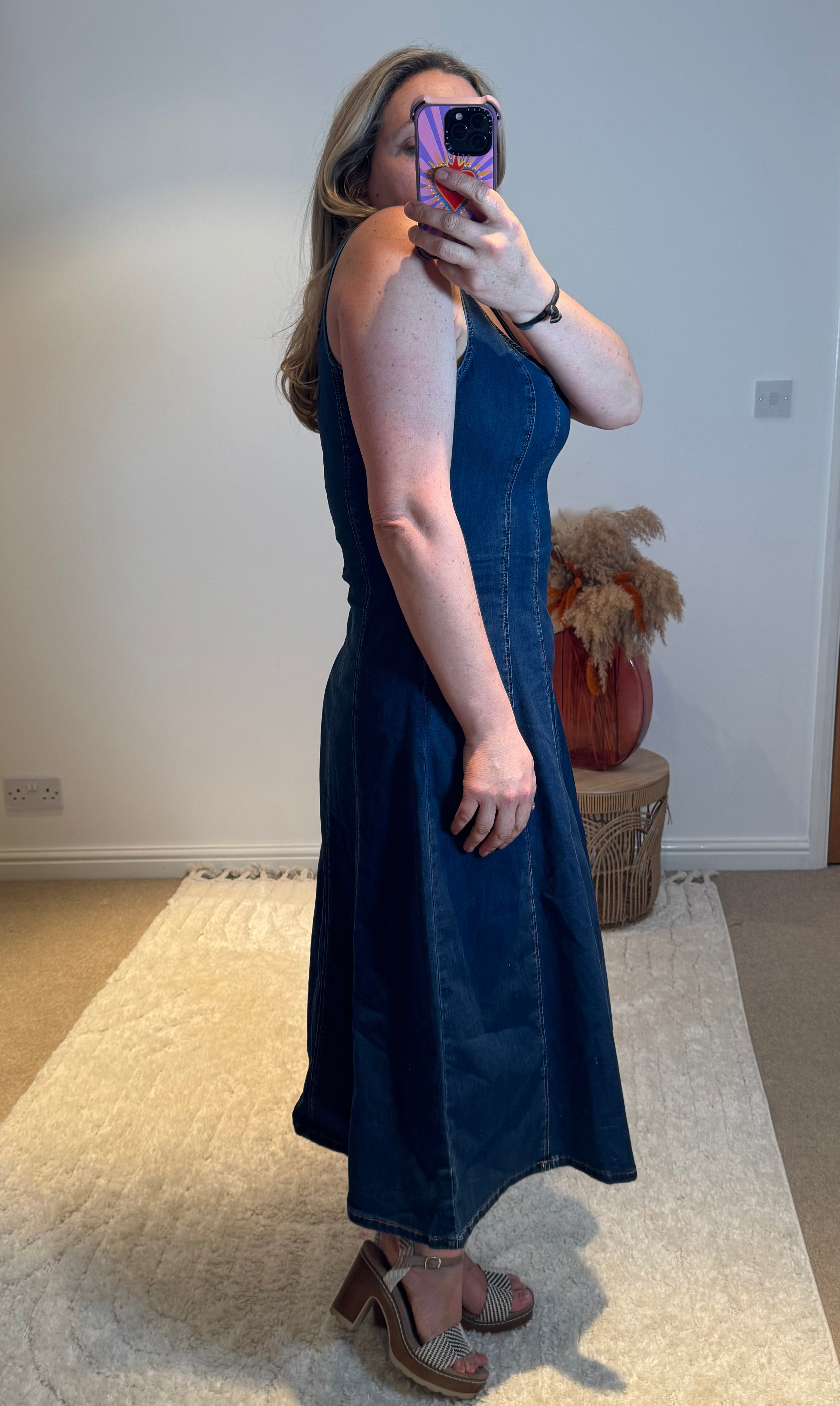 Square Neck Stretch Denim Midi Dress | Dark Wash