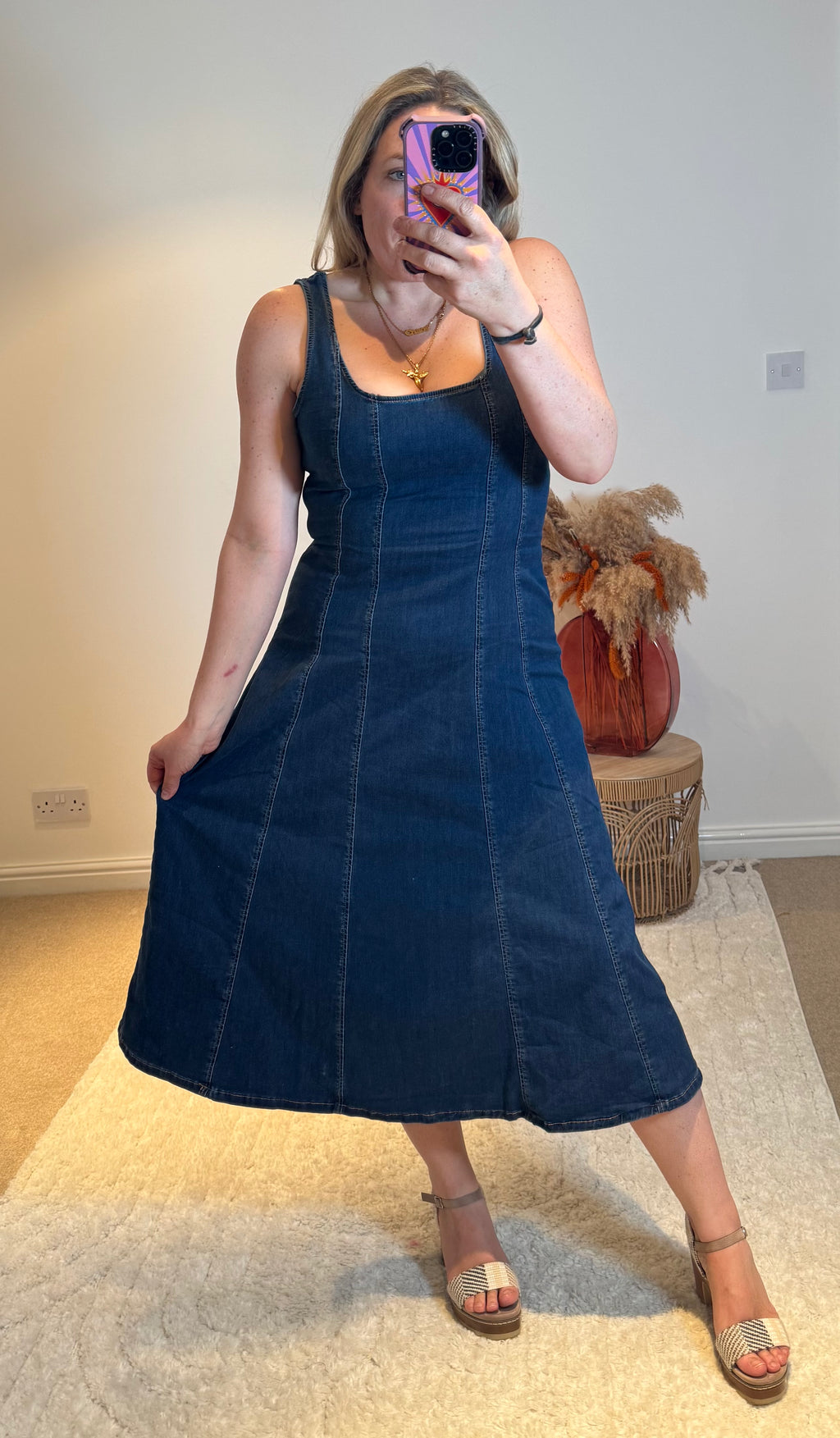 Square Neck Stretch Denim Midi Dress | Dark Wash