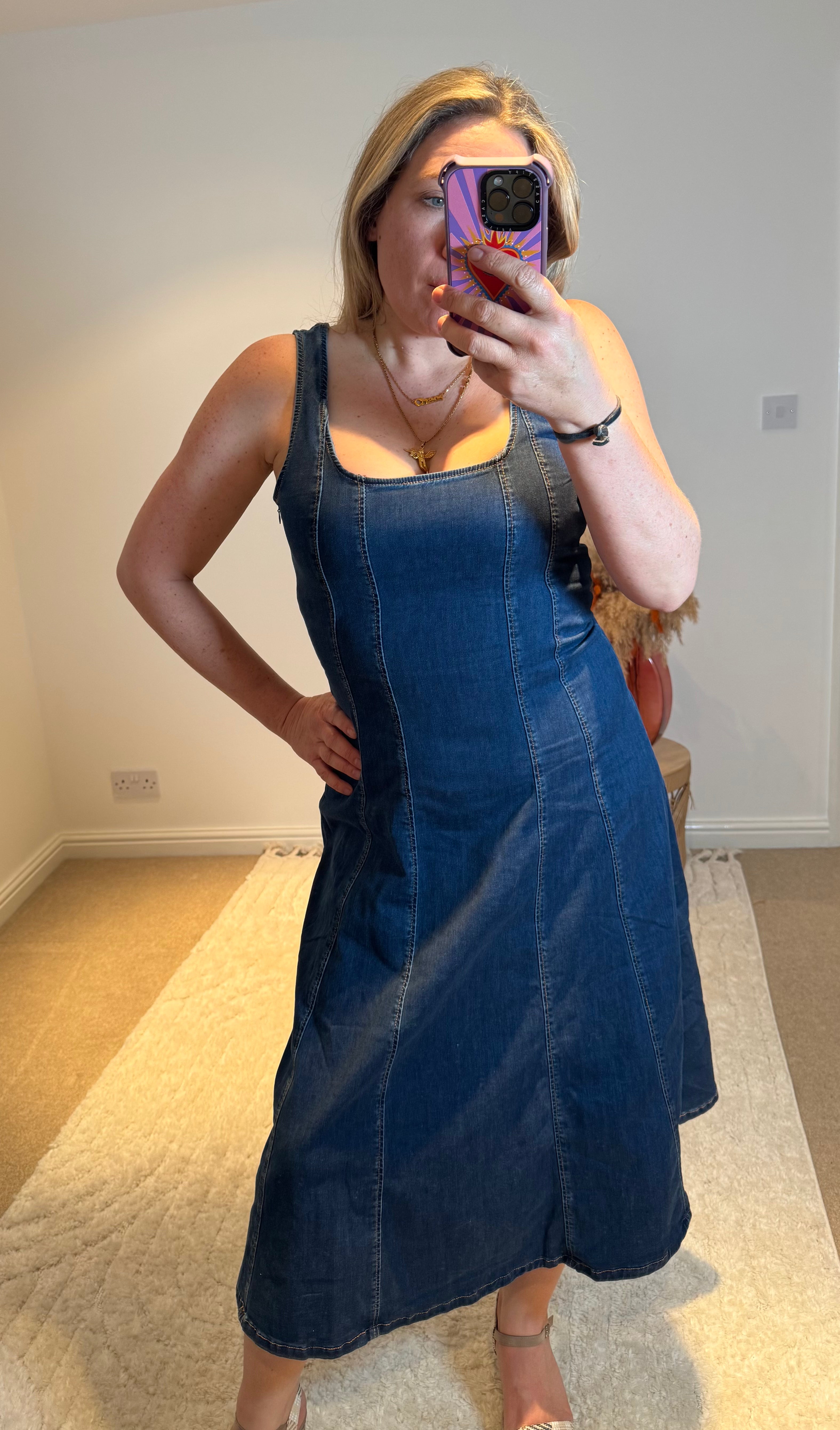 Square Neck Stretch Denim Midi Dress | Dark Wash