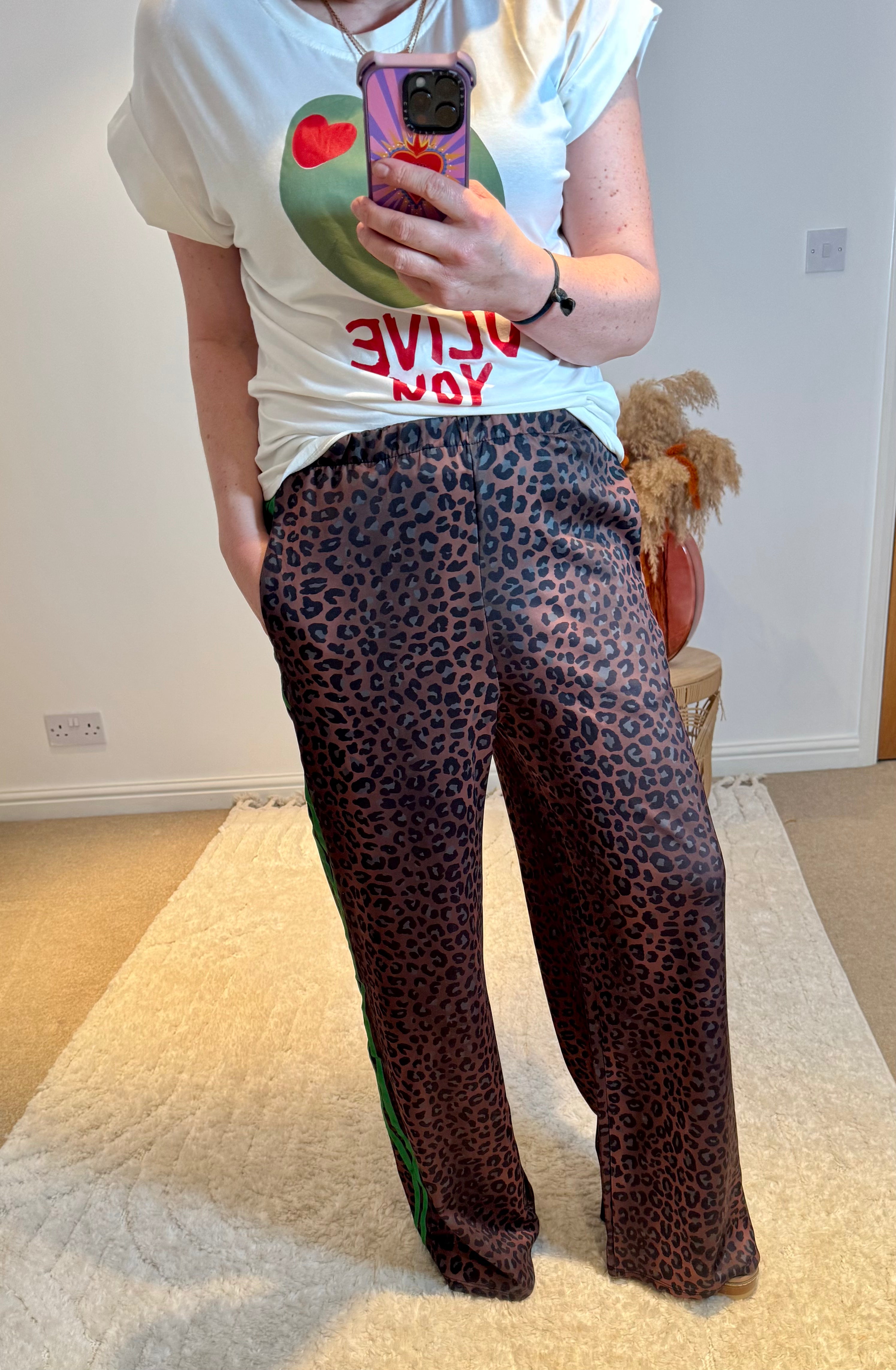 Leopard Track Pants | Green Stripe