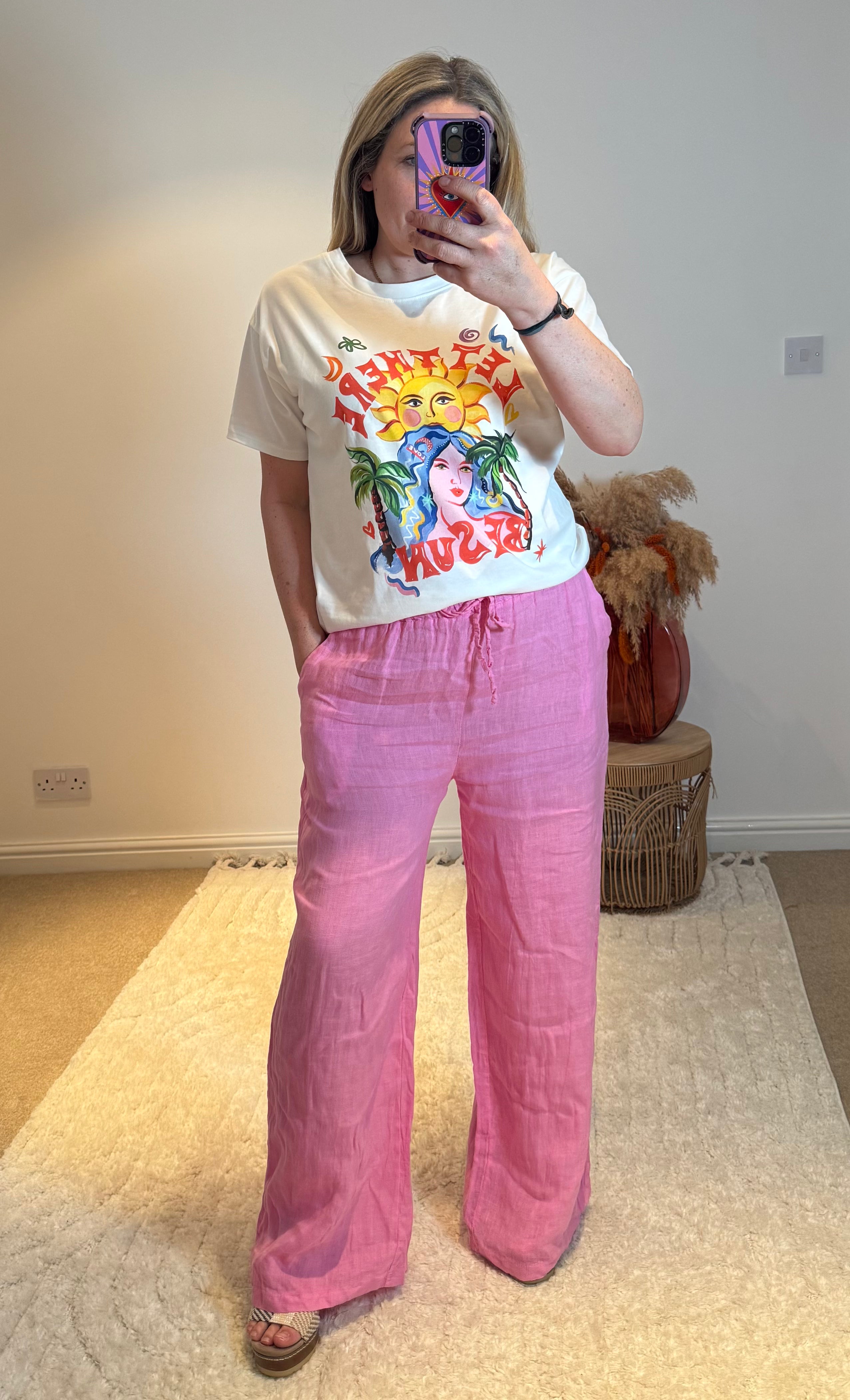 Linen Wide Leg Trousers | Pink