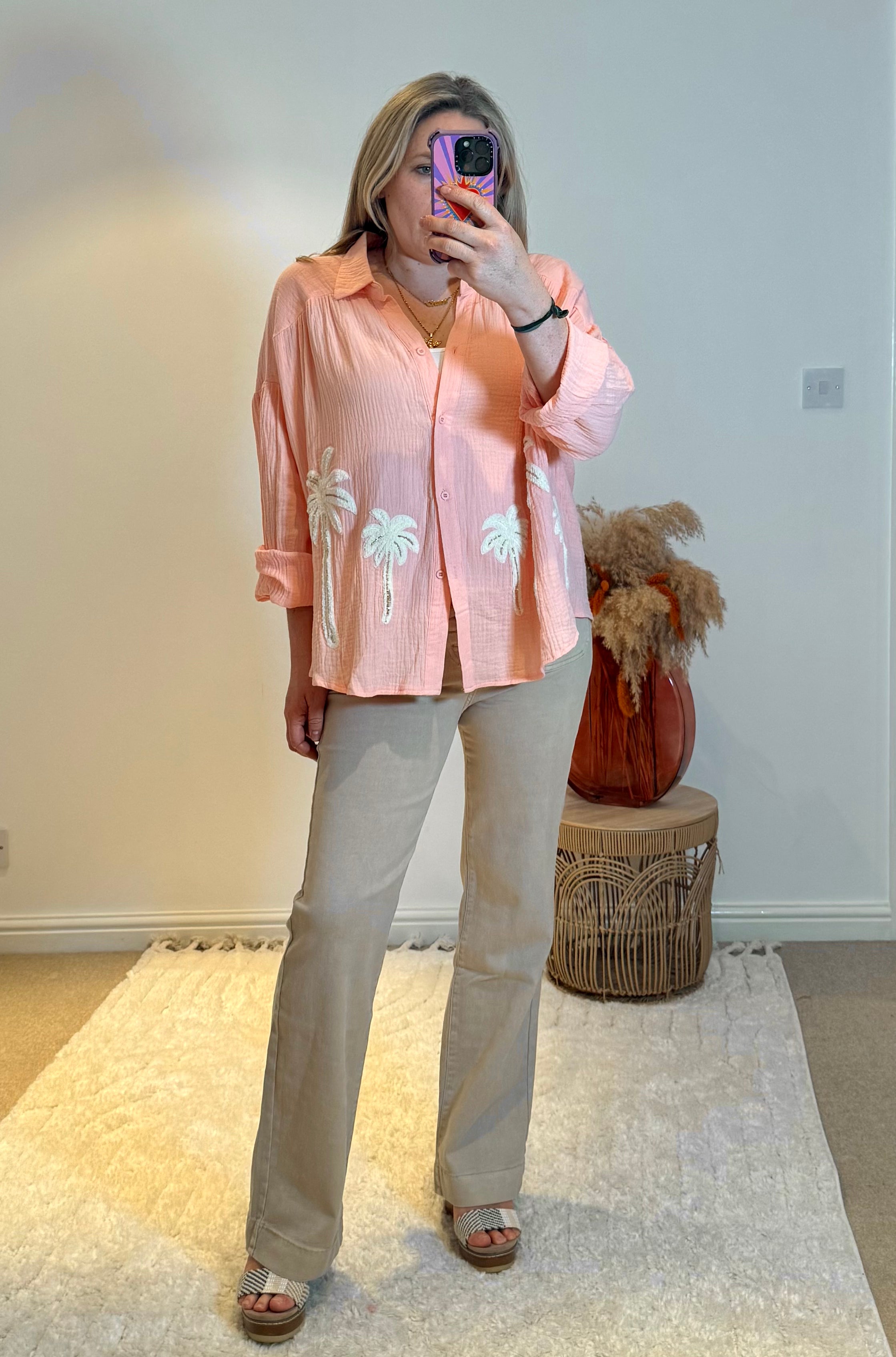 Cotton Cheesecloth Palm Detail Shirt | Soft Peach