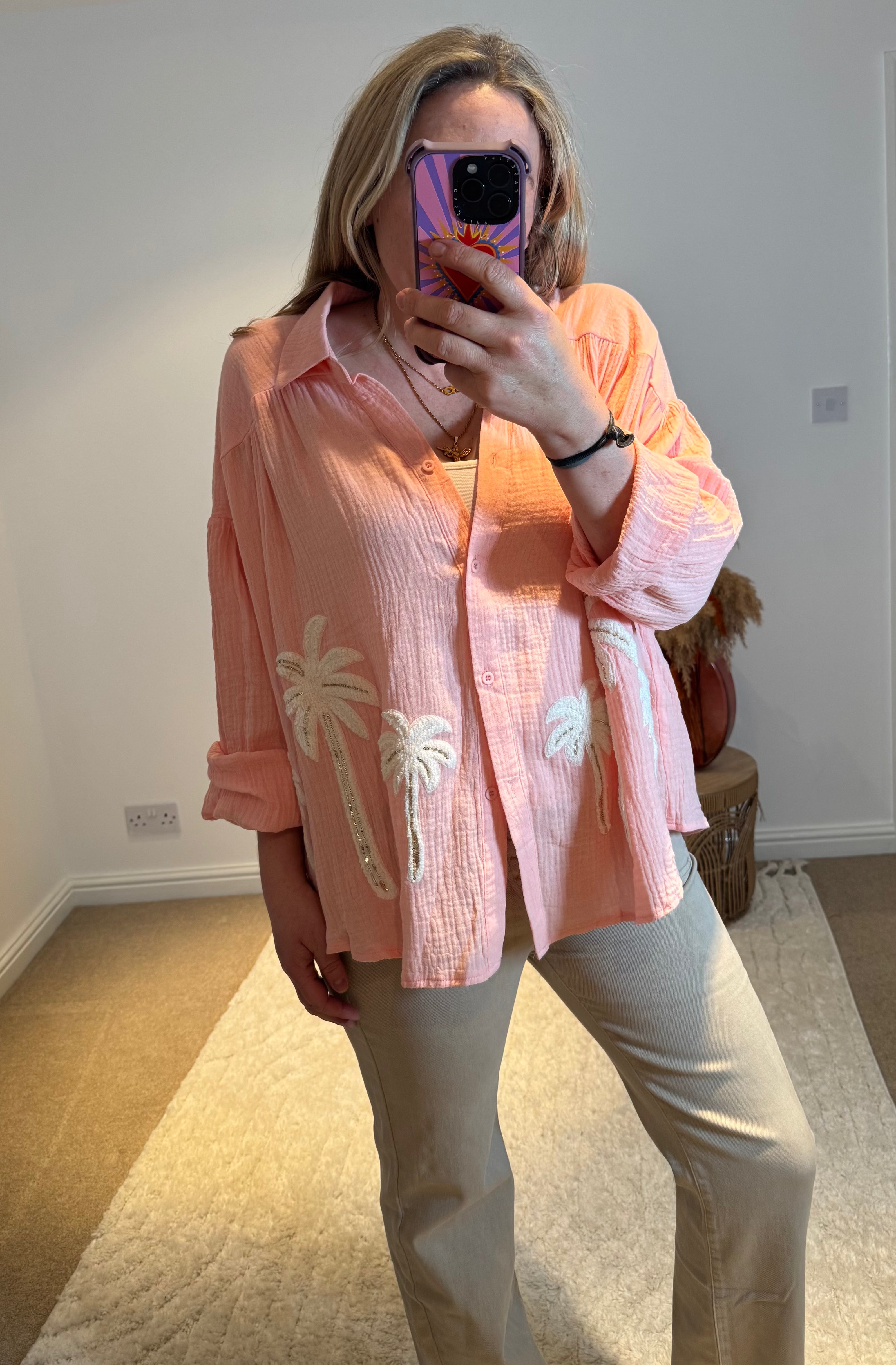 Cotton Cheesecloth Palm Detail Shirt | Soft Peach