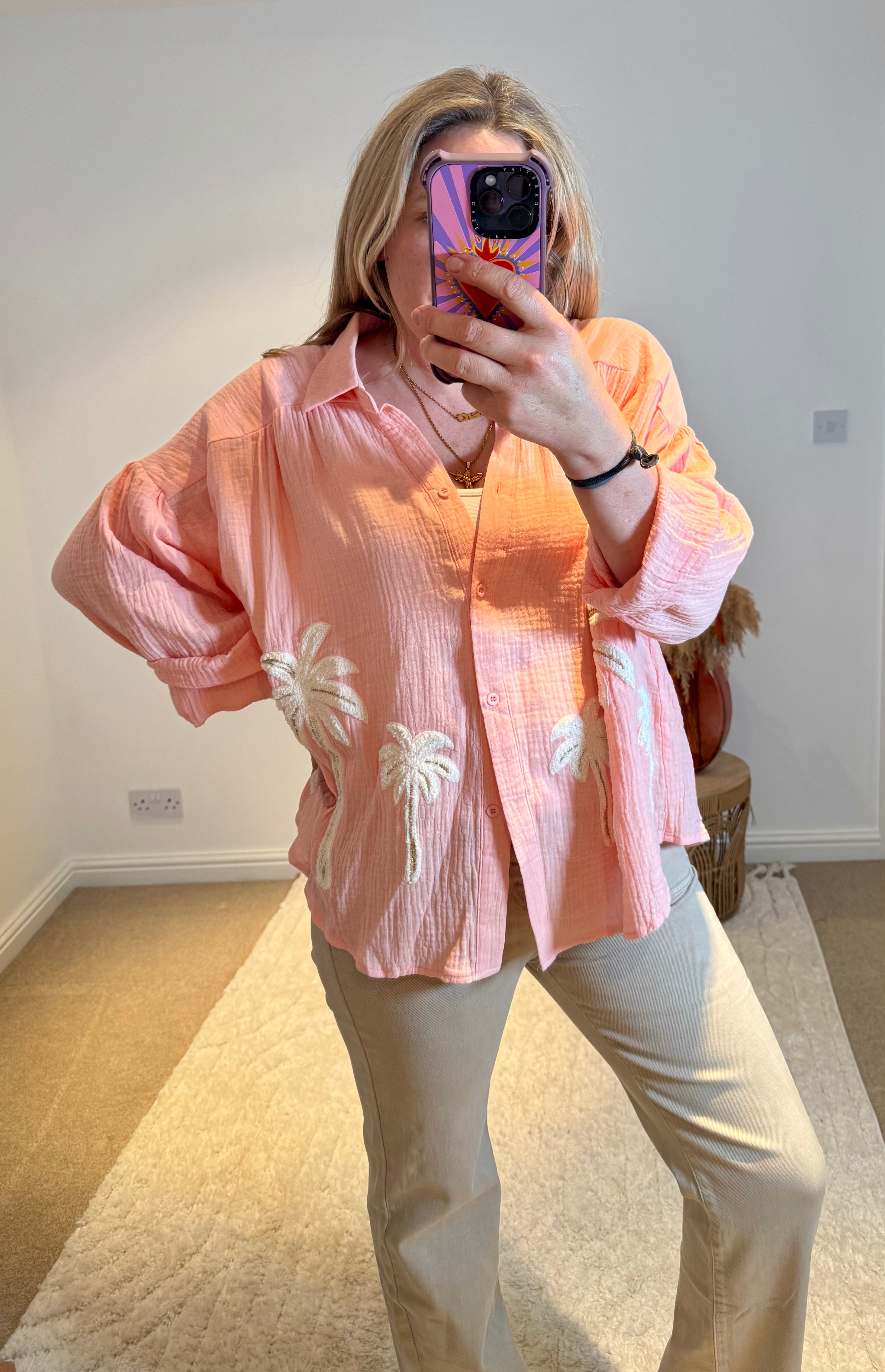 Cotton Cheesecloth Palm Detail Shirt | Soft Peach