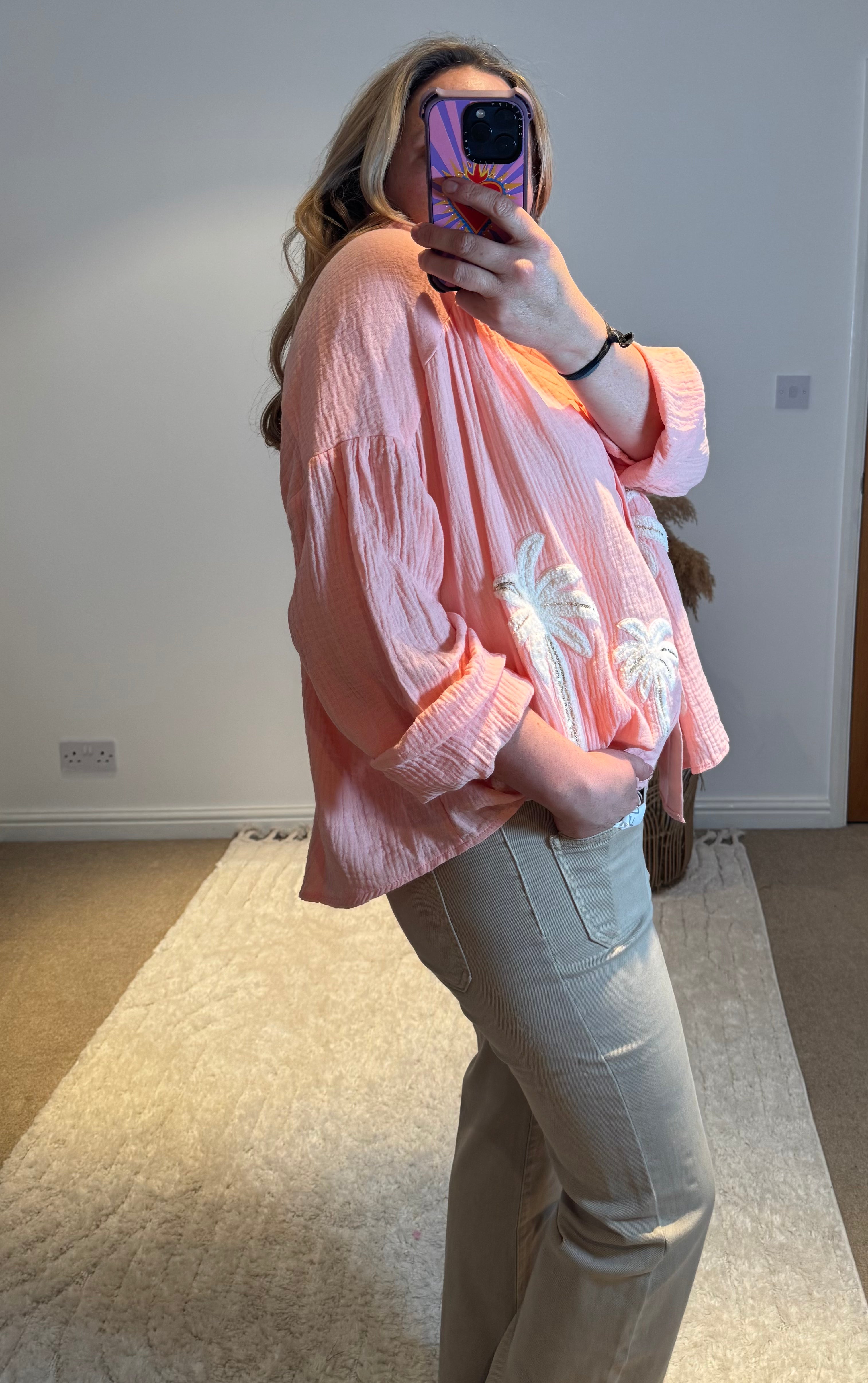 Cotton Cheesecloth Palm Detail Shirt | Soft Peach