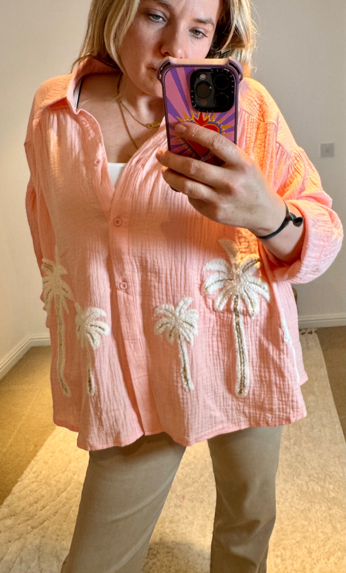 Cotton Cheesecloth Palm Detail Shirt | Soft Peach