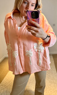 Cotton Cheesecloth Palm Detail Shirt | Soft Peach