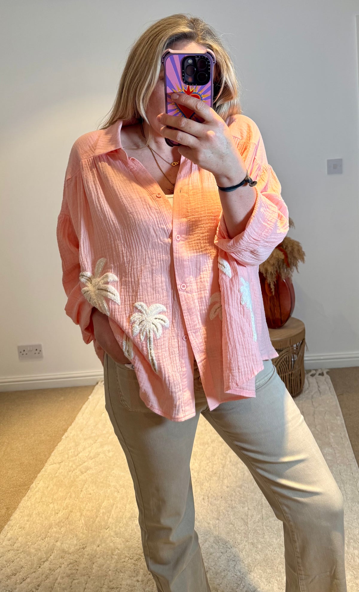 Cotton Cheesecloth Palm Detail Shirt | Soft Peach
