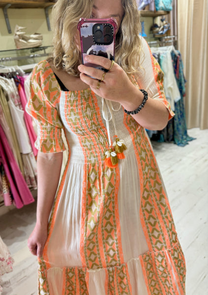 Boho Tiered Maxi Dress | Orange/Cream
