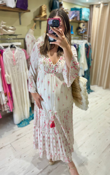 Ophelia Embellished Boho Maxi Dress | White/Pink