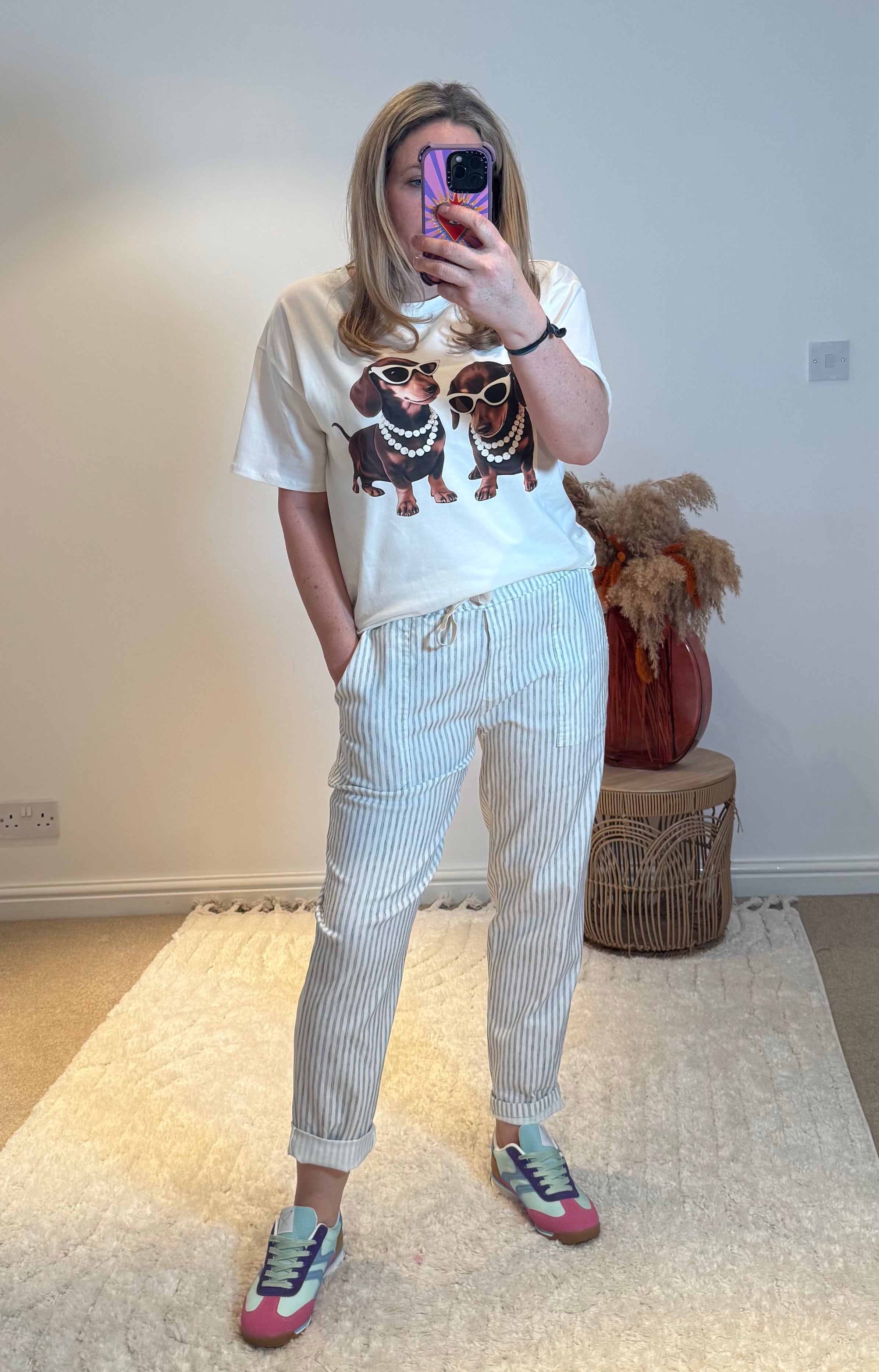 Stripe Casual Drawstring Trousers | Khaki/White