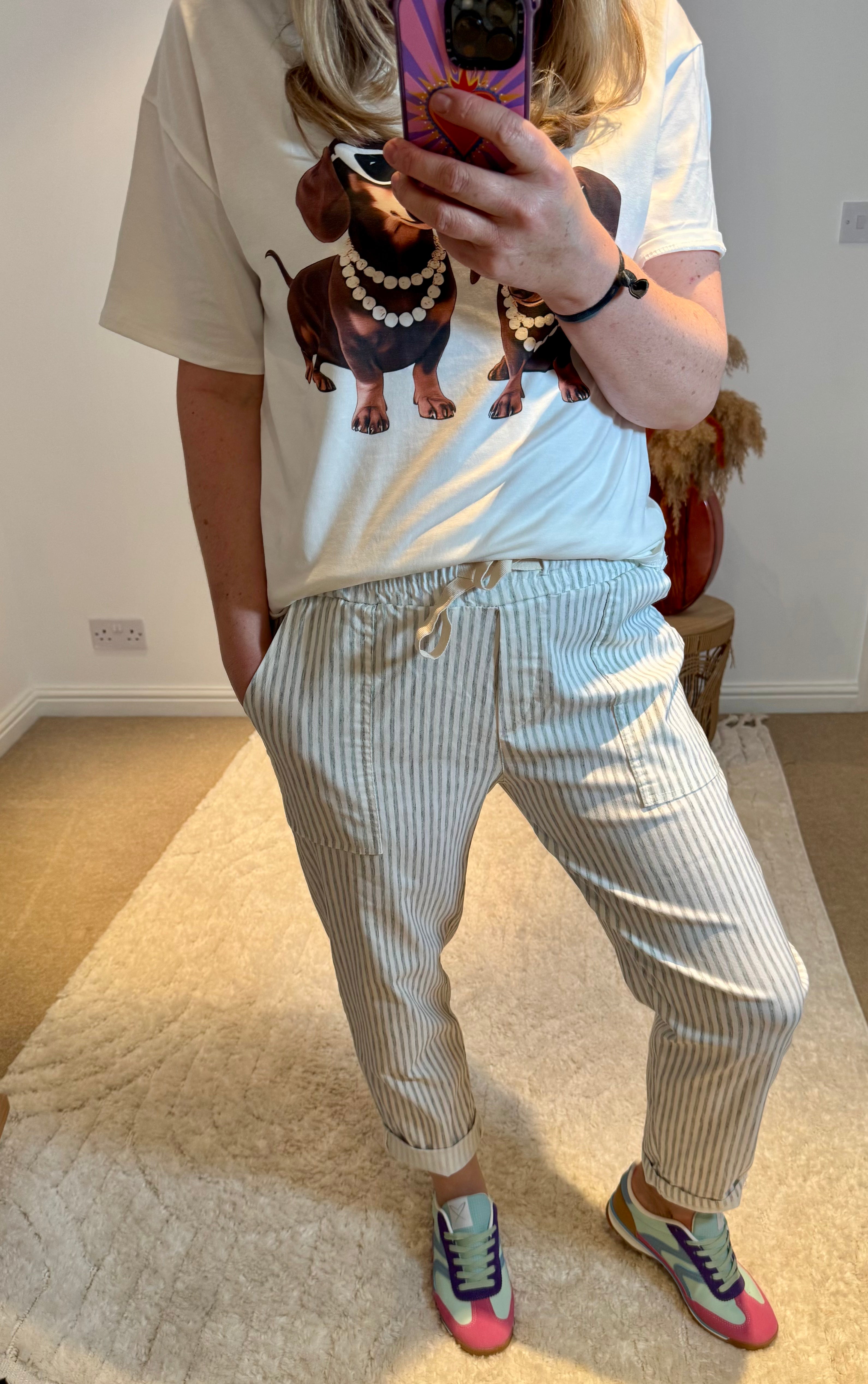 Stripe Casual Drawstring Trousers | Khaki/White