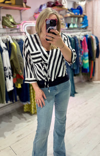 Black and White Stripe Wrap Blouse