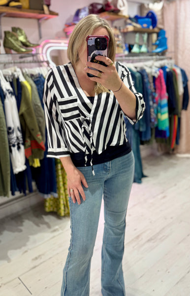 Black and White Stripe Wrap Blouse