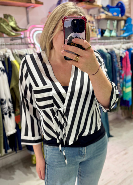 Black and White Stripe Wrap Blouse
