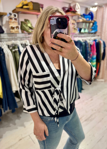 Black and White Stripe Wrap Blouse