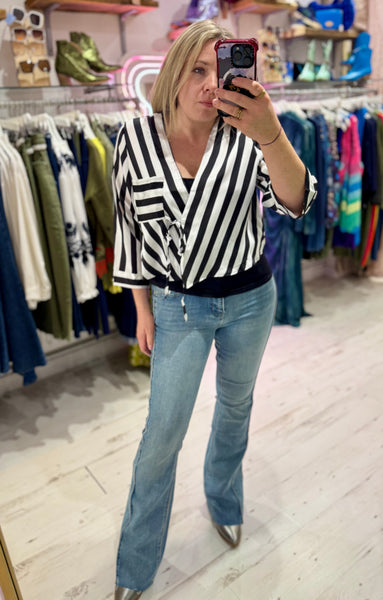 Black and White Stripe Wrap Blouse