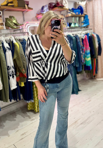 Black and White Stripe Wrap Blouse
