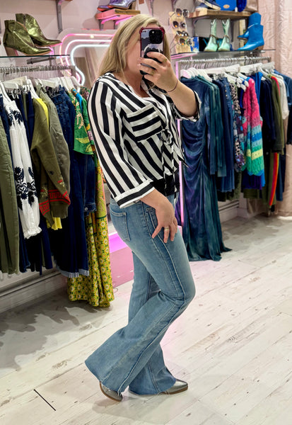 Black and White Stripe Wrap Blouse