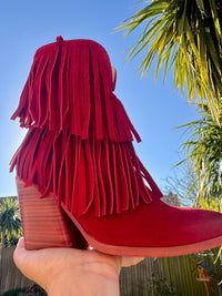 Felmini | Suede Fringed Heeled Cowboy Boot | Deep Red