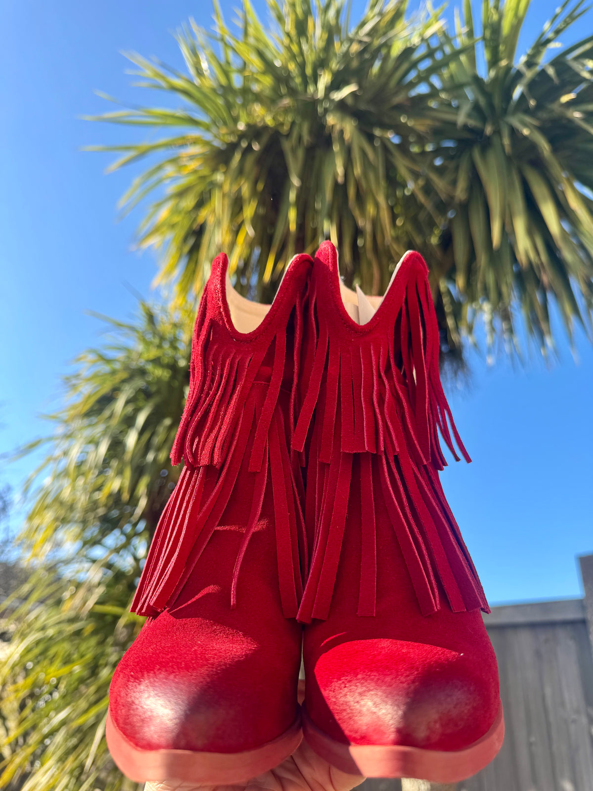 Felmini | Suede Fringed Heeled Cowboy Boot | Deep Red