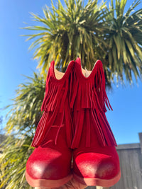 Felmini | Suede Fringed Heeled Cowboy Boot | Deep Red