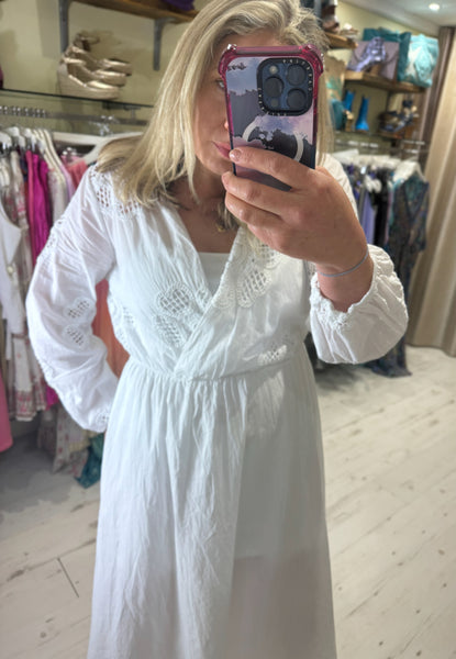 Faye Crochet Detail Cotton Midi Dress | White