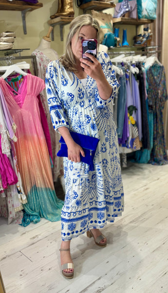 Flora Boho Maxi Dress | Royal Blue/White