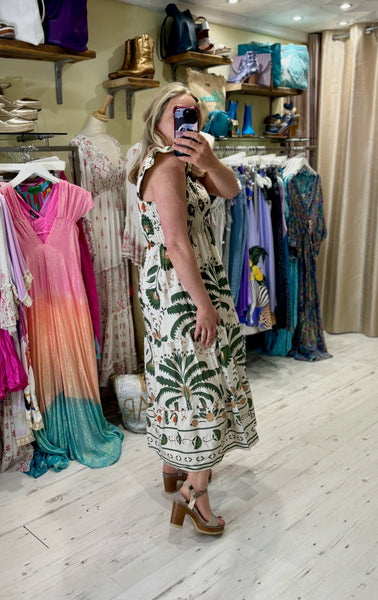 Palm Boho Tiered Long Dress | Khaki