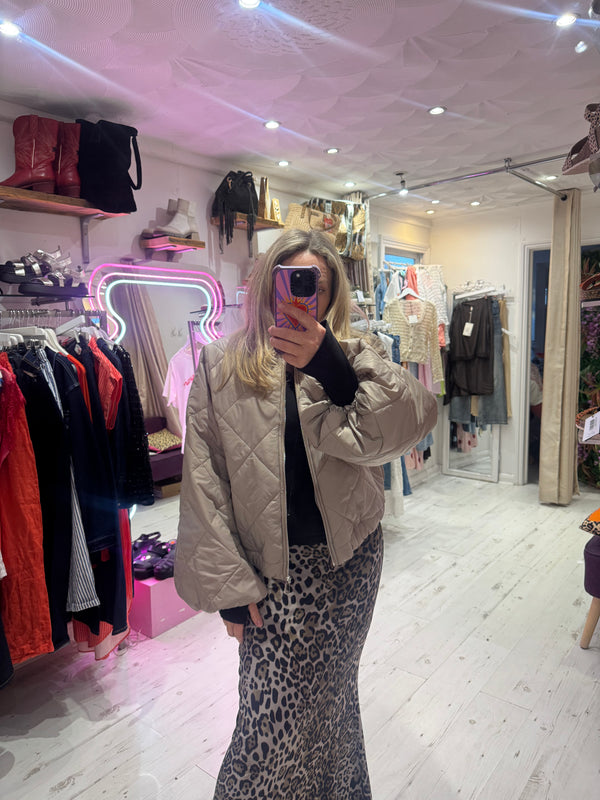 Lightweight Quilted Bomber Jacket with Balloon Sleeves | Taupe